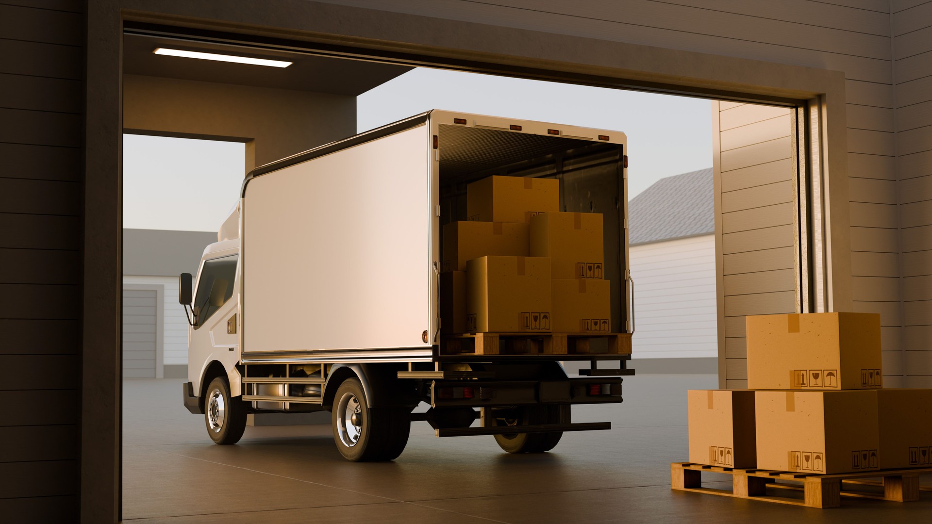 Delivery Truck with Boxes at Warehouse Dock - Logistics, Shipping, and Distribution, 3D Render